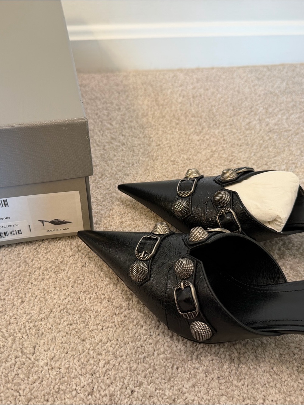Balenciaga Black Leather Pointed Stud-Embellished Mules